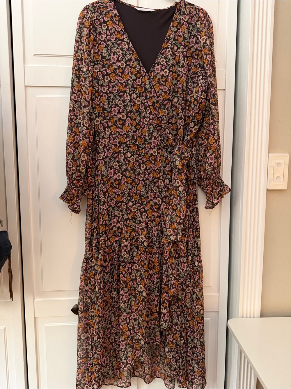 LC Lauren Conrad Black Floral Wrap Maxi Dress with Pink & Mustard Blossoms